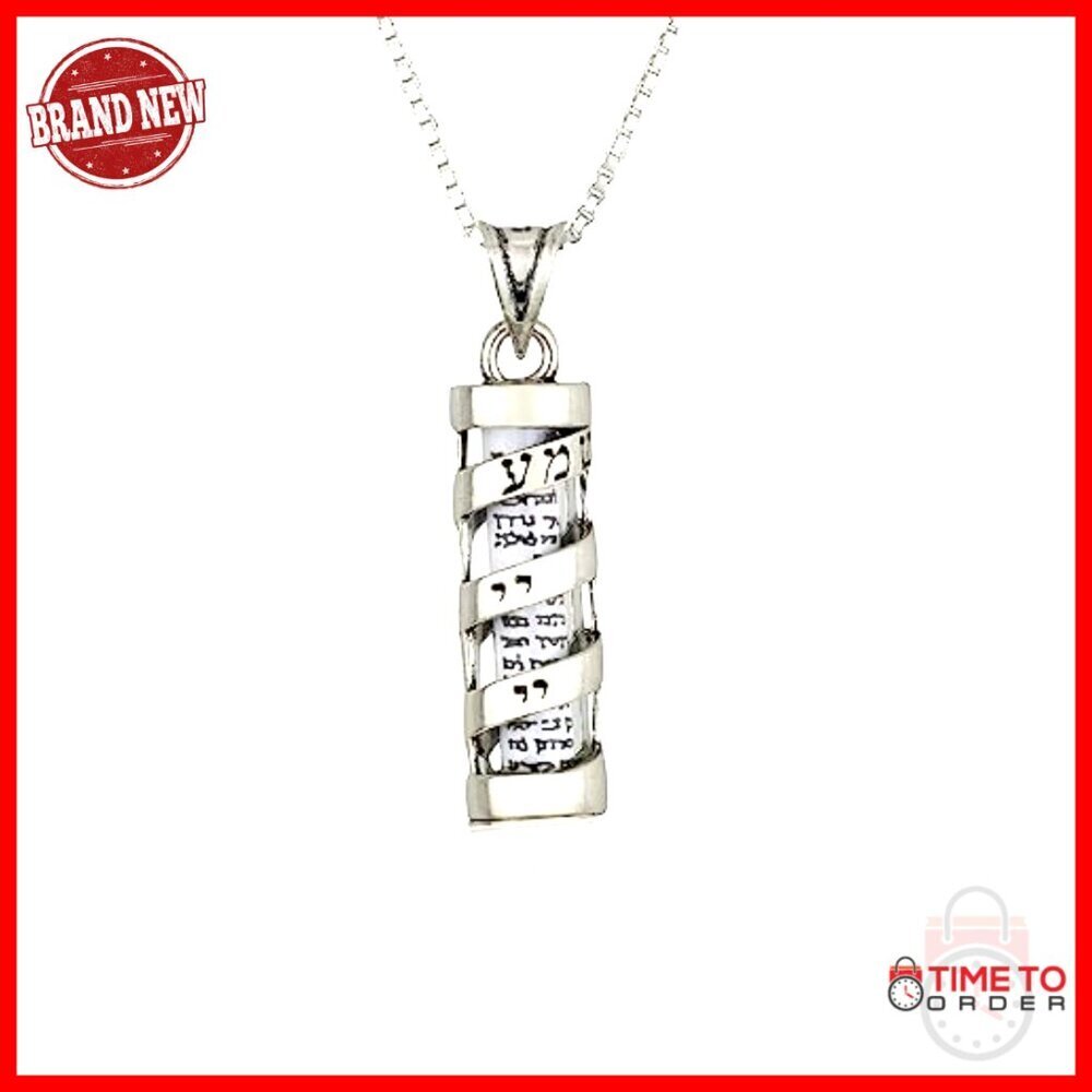 Sterling Silver Mezuzah Necklace with Shema Scroll Pendant 18 Inch Chain - Picture 2 of 6